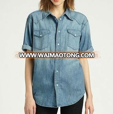 Hot selling stylish short sleeve blue washed denim/cowboy casual shirts for women/ladies with pointed collar and two pockets