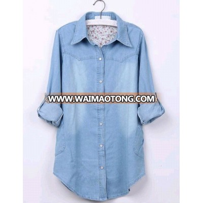 High quality light blue washed casual Retro/denim long sleeve shirt for women/ladies